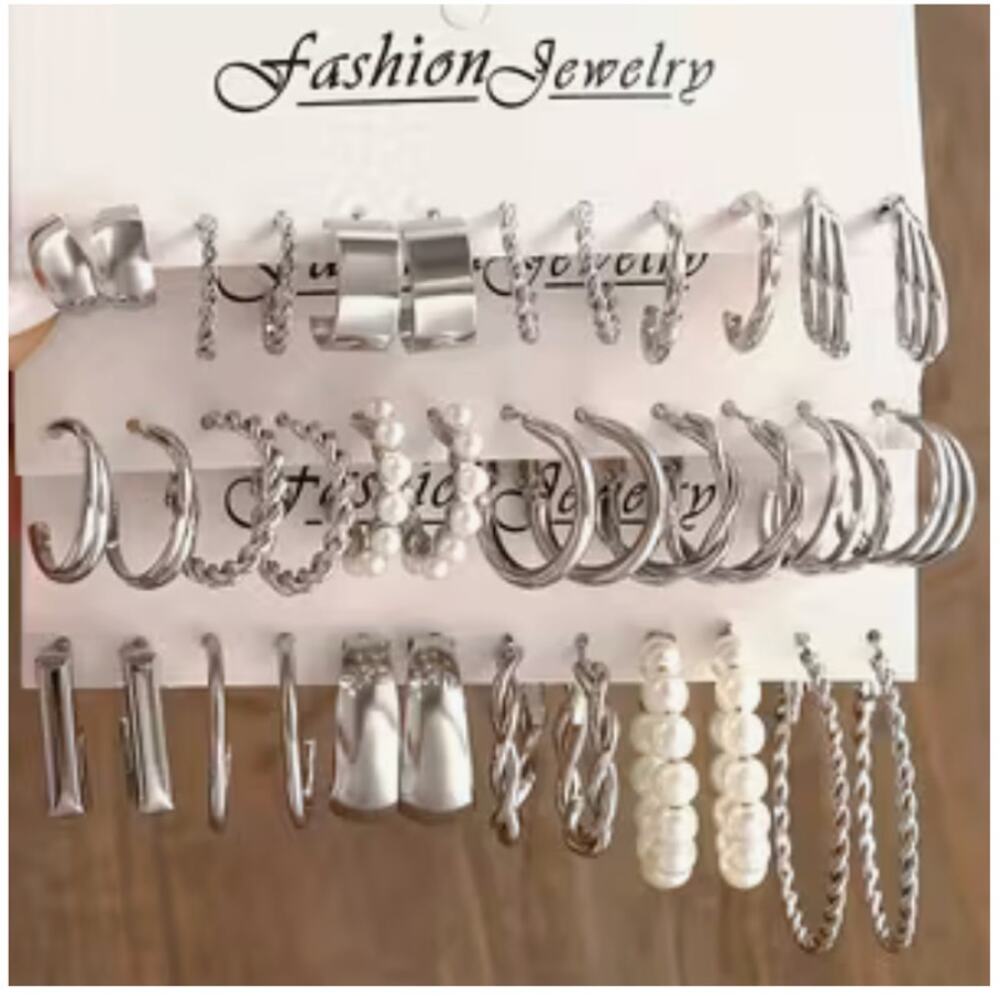 NWT Fashion Jewelry 36-Piece Silver Faux Pearl Decor Twist Hoop Earrings Set